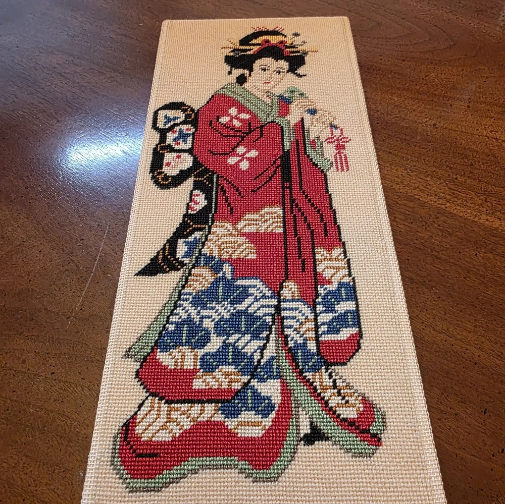 Embroidered Geisha Wall Art Panel in Red and Blue